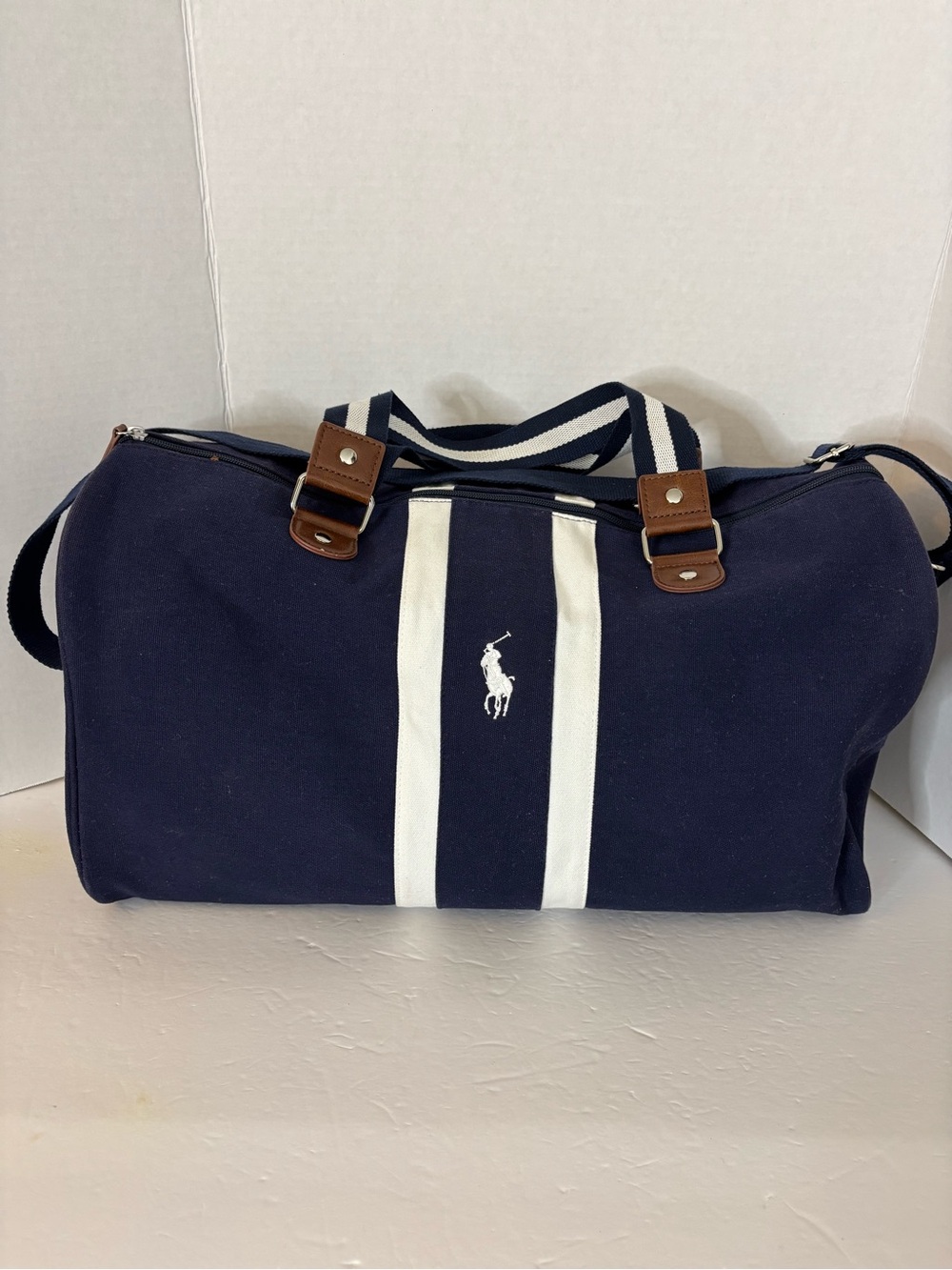 Polo by Ralph Lauren Navy Canvas Duffel with White Stripe & Brown Leather Trim